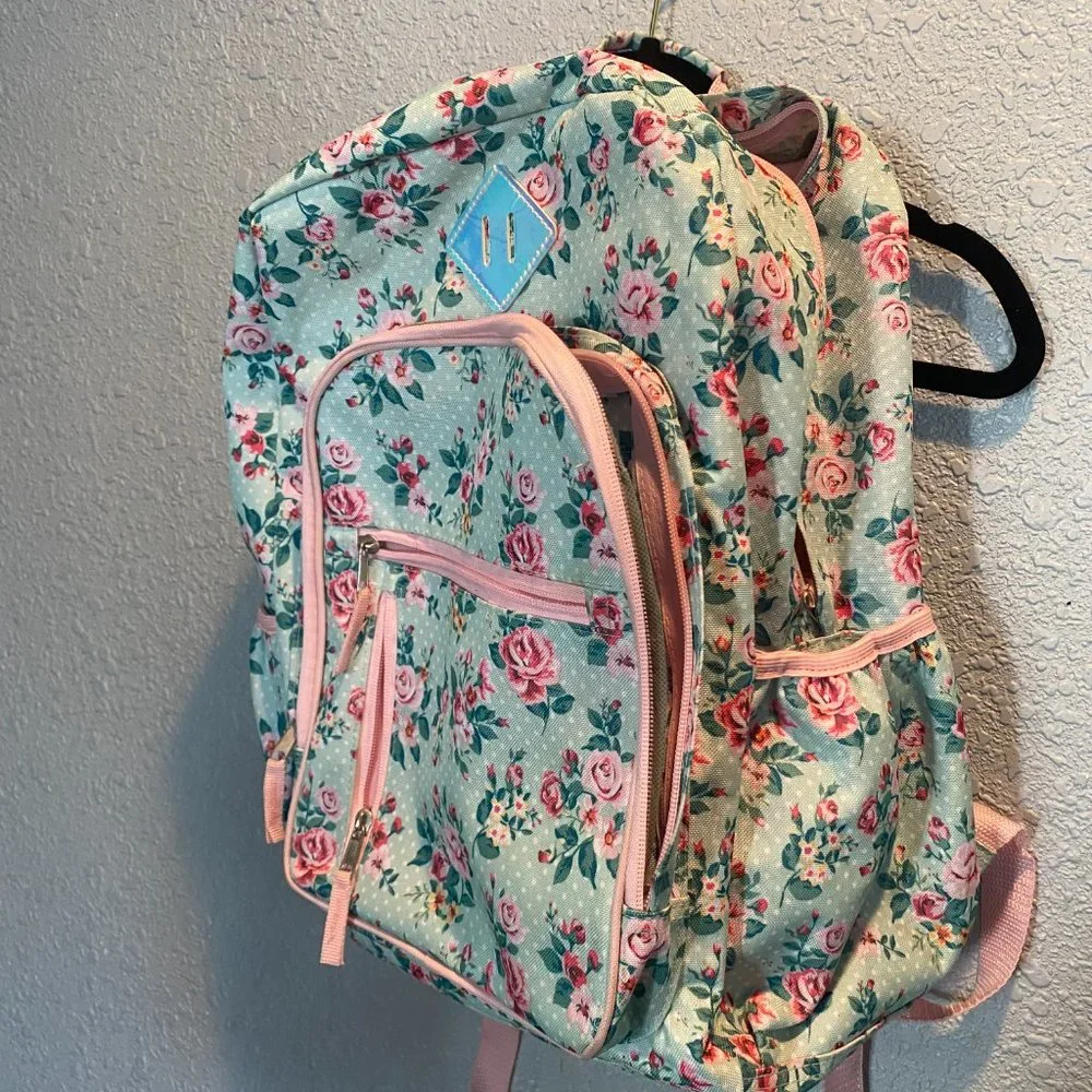 Light Blue Floral Pink Roses Backpack - Picture 3 of 8